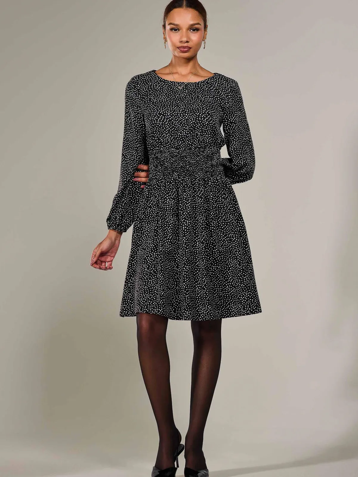 Jolie Moi Office Wear|Midi Dresses-Long Sleeve Ruched Waist Midi Dress, Black Polka