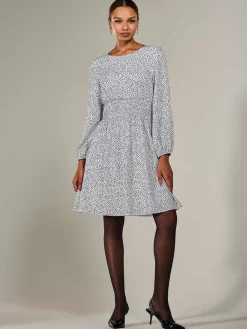 Jolie Moi Office Wear|Office Dresses-Long Sleeve Ruched Waist Midi Dress, White Polka