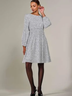 Jolie Moi Office Wear|Office Dresses-Long Sleeve Ruched Waist Midi Dress, White Polka