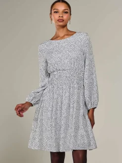 Jolie Moi Office Wear|Office Dresses-Long Sleeve Ruched Waist Midi Dress, White Polka