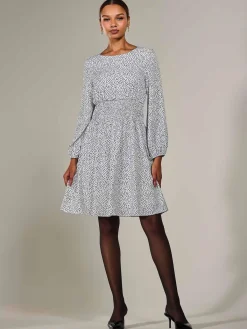 Jolie Moi Office Wear|Office Dresses-Long Sleeve Ruched Waist Midi Dress, White Polka