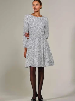 Jolie Moi Office Wear|Office Dresses-Long Sleeve Ruched Waist Midi Dress, White Polka