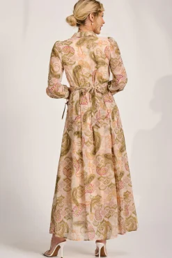 Jolie Moi Occasion Dresses|Wedding Guest-Long Sleeve Ruffle Chiffon Shirt Maxi Dress, Beige Paisley