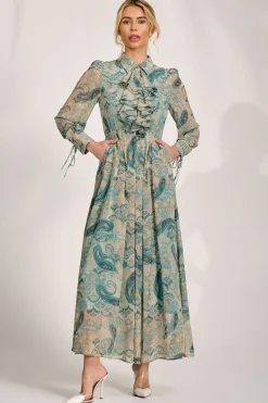Jolie Moi Occasion Dresses|Wedding Guest-Long Sleeve Ruffle Chiffon Shirt Maxi Dress, Teal Paisley