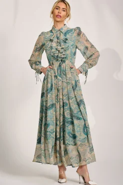 Jolie Moi Occasion Dresses|Wedding Guest-Long Sleeve Ruffle Chiffon Shirt Maxi Dress, Teal Paisley