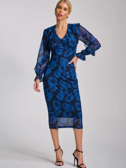 Jolie Moi Occasion Dresses|Mesh Dresses-Long Sleeve Ruffle Detail Mesh Bodycon Dress, Blue Abstract