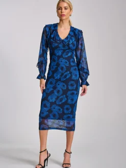 Jolie Moi Occasion Dresses|Mesh Dresses-Long Sleeve Ruffle Detail Mesh Bodycon Dress, Blue Abstract