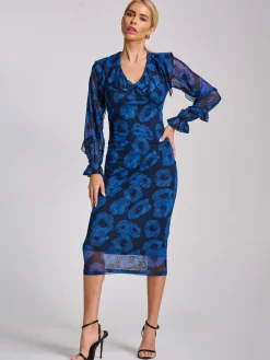 Jolie Moi Occasion Dresses|Mesh Dresses-Long Sleeve Ruffle Detail Mesh Bodycon Dress, Blue Abstract