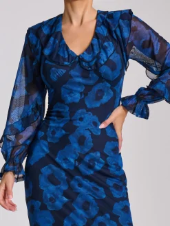 Jolie Moi Occasion Dresses|Mesh Dresses-Long Sleeve Ruffle Detail Mesh Bodycon Dress, Blue Abstract
