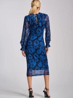 Jolie Moi Occasion Dresses|Mesh Dresses-Long Sleeve Ruffle Detail Mesh Bodycon Dress, Blue Abstract