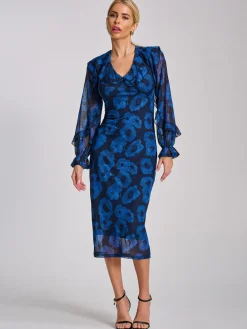 Jolie Moi Occasion Dresses|Mesh Dresses-Long Sleeve Ruffle Detail Mesh Bodycon Dress, Blue Abstract