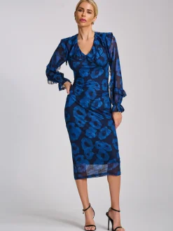 Jolie Moi Occasion Dresses|Mesh Dresses-Long Sleeve Ruffle Detail Mesh Bodycon Dress, Blue Abstract