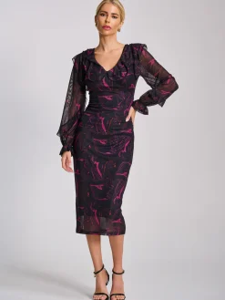 Jolie Moi Occasion Dresses|Mesh Dresses-Long Sleeve Ruffle Detail Mesh Bodycon Dress, Fuchsia Abstract