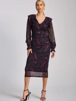 Jolie Moi Occasion Dresses|Mesh Dresses-Long Sleeve Ruffle Detail Mesh Bodycon Dress, Fuchsia Abstract