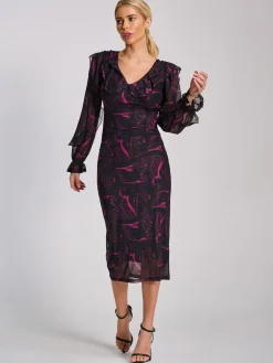 Jolie Moi Occasion Dresses|Mesh Dresses-Long Sleeve Ruffle Detail Mesh Bodycon Dress, Fuchsia Abstract