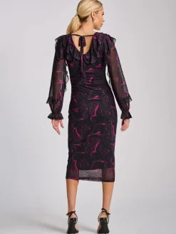 Jolie Moi Occasion Dresses|Mesh Dresses-Long Sleeve Ruffle Detail Mesh Bodycon Dress, Fuchsia Abstract