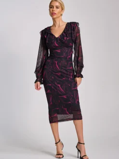 Jolie Moi Occasion Dresses|Mesh Dresses-Long Sleeve Ruffle Detail Mesh Bodycon Dress, Fuchsia Abstract