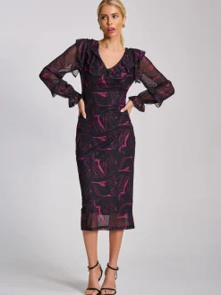 Jolie Moi Occasion Dresses|Mesh Dresses-Long Sleeve Ruffle Detail Mesh Bodycon Dress, Fuchsia Abstract