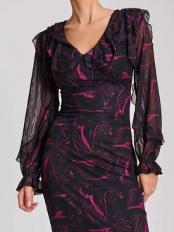 Jolie Moi Occasion Dresses|Mesh Dresses-Long Sleeve Ruffle Detail Mesh Bodycon Dress, Fuchsia Abstract