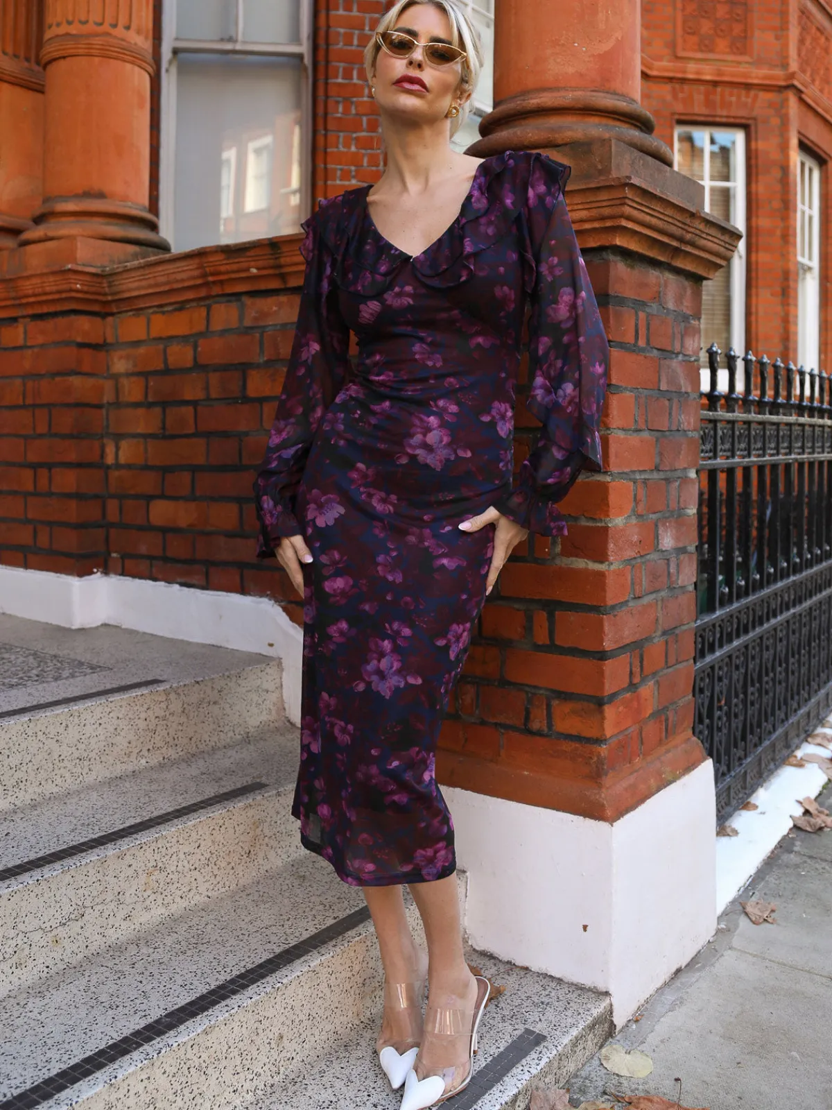 Jolie Moi Occasion Dresses|Floral Dresses-Long Sleeve Ruffle Detail Mesh Bodycon Dress, Pink Floral