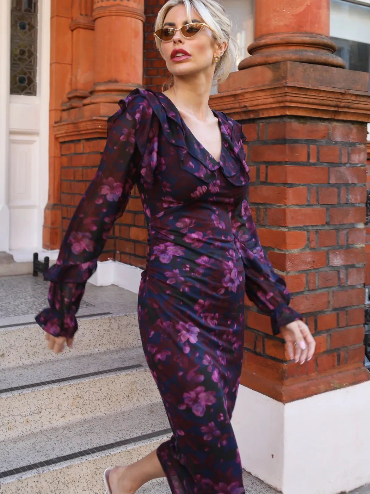 Jolie Moi Occasion Dresses|Floral Dresses-Long Sleeve Ruffle Detail Mesh Bodycon Dress, Pink Floral