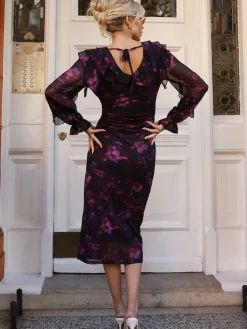 Jolie Moi Occasion Dresses|Floral Dresses-Long Sleeve Ruffle Detail Mesh Bodycon Dress, Pink Floral