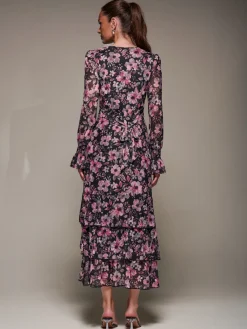 Jolie Moi Occasion Dresses|Floral Dresses-Long Sleeve Ruffle Hem Mesh Maxi Dress, Black Pink Floral
