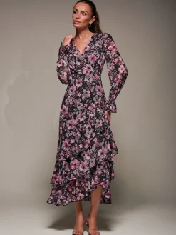 Jolie Moi Occasion Dresses|Floral Dresses-Long Sleeve Ruffle Hem Mesh Maxi Dress, Black Pink Floral