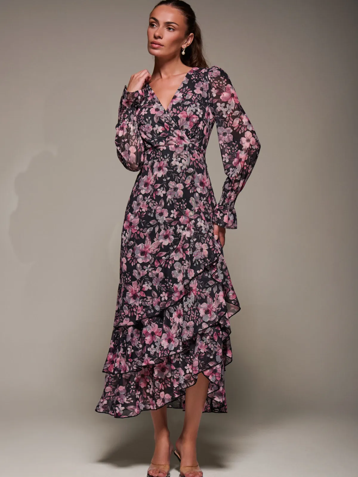 Jolie Moi Occasion Dresses|Floral Dresses-Long Sleeve Ruffle Hem Mesh Maxi Dress, Black Pink Floral