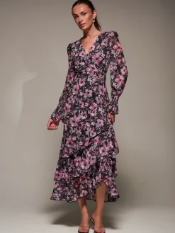 Jolie Moi Occasion Dresses|Floral Dresses-Long Sleeve Ruffle Hem Mesh Maxi Dress, Black Pink Floral