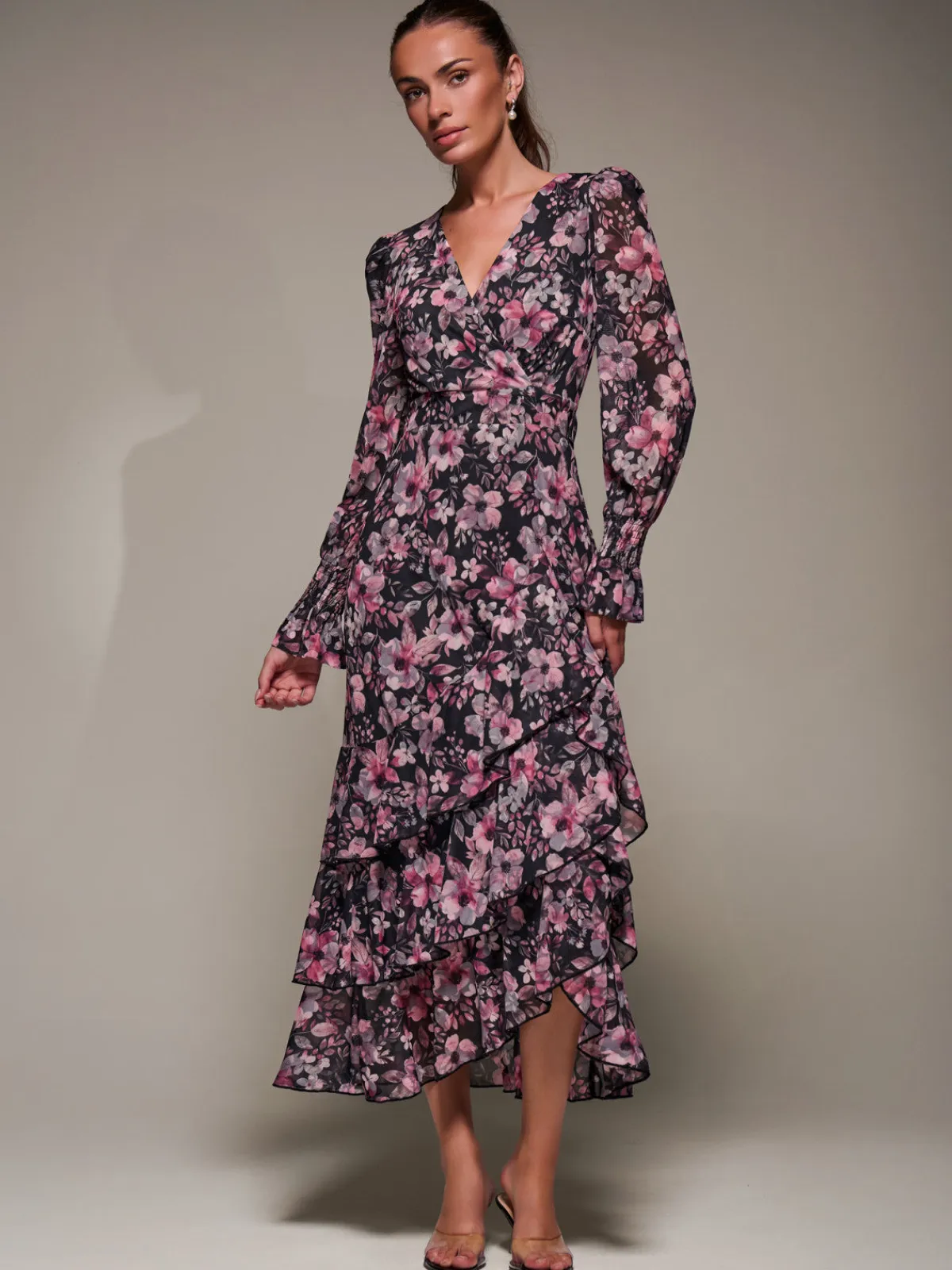 Jolie Moi Occasion Dresses|Floral Dresses-Long Sleeve Ruffle Hem Mesh Maxi Dress, Black Pink Floral