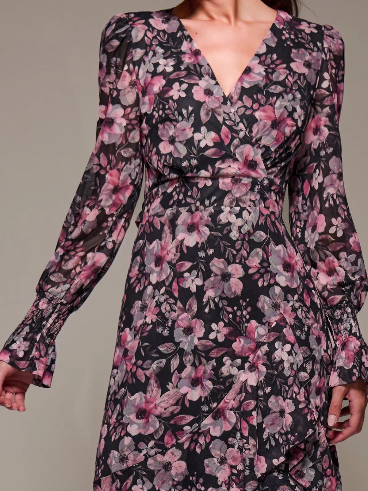 Jolie Moi Occasion Dresses|Floral Dresses-Long Sleeve Ruffle Hem Mesh Maxi Dress, Black Pink Floral