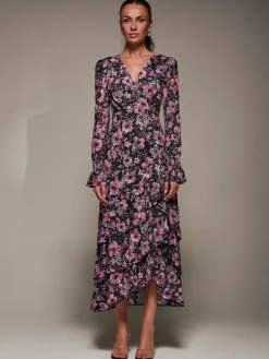 Jolie Moi Occasion Dresses|Floral Dresses-Long Sleeve Ruffle Hem Mesh Maxi Dress, Black Pink Floral