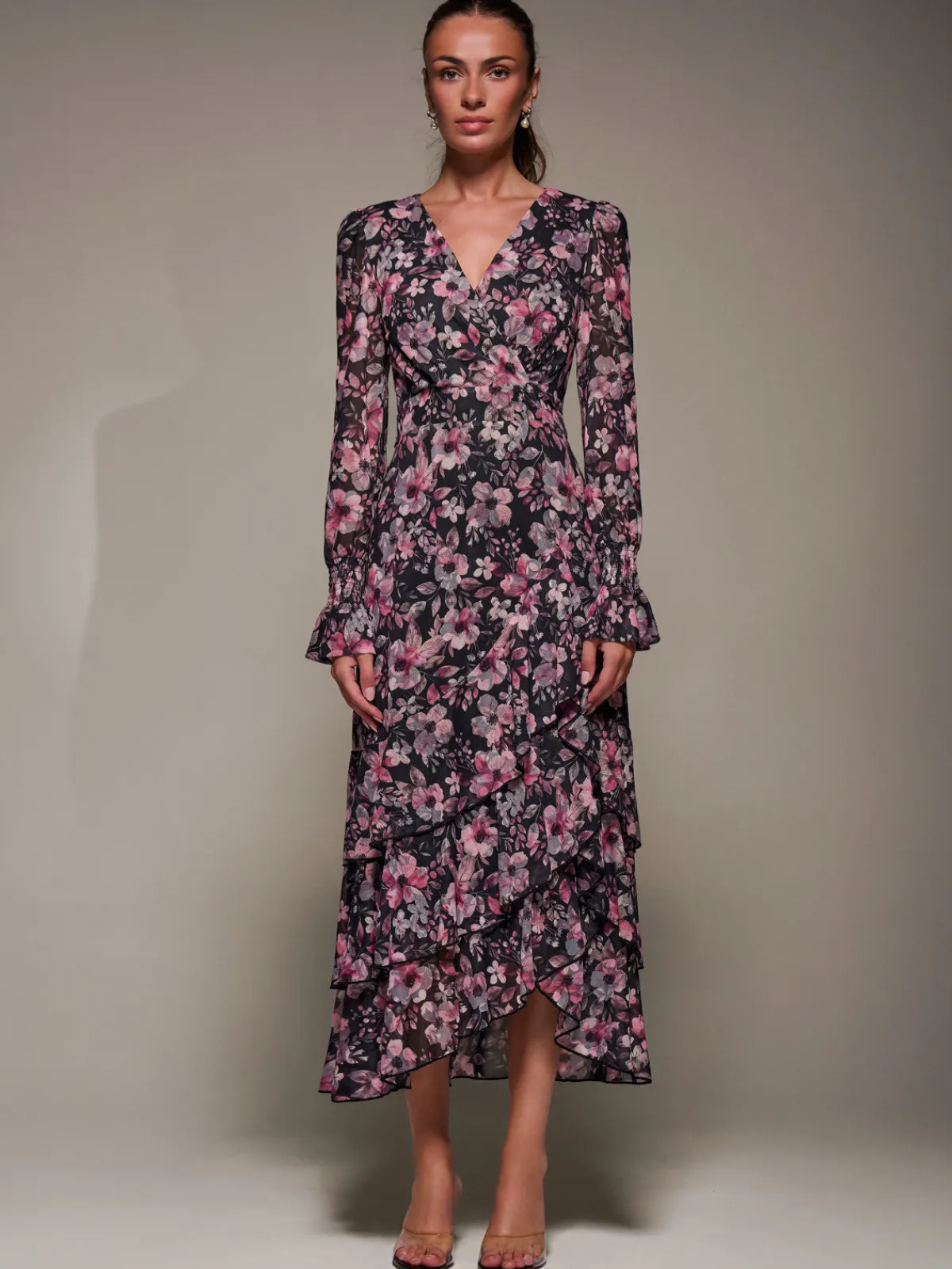 Jolie Moi Occasion Dresses|Floral Dresses-Long Sleeve Ruffle Hem Mesh Maxi Dress, Black Pink Floral
