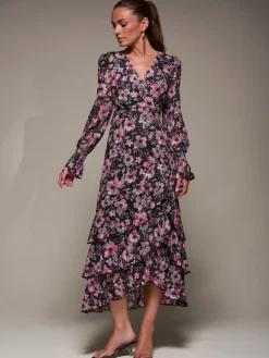 Jolie Moi Occasion Dresses|Floral Dresses-Long Sleeve Ruffle Hem Mesh Maxi Dress, Black Pink Floral