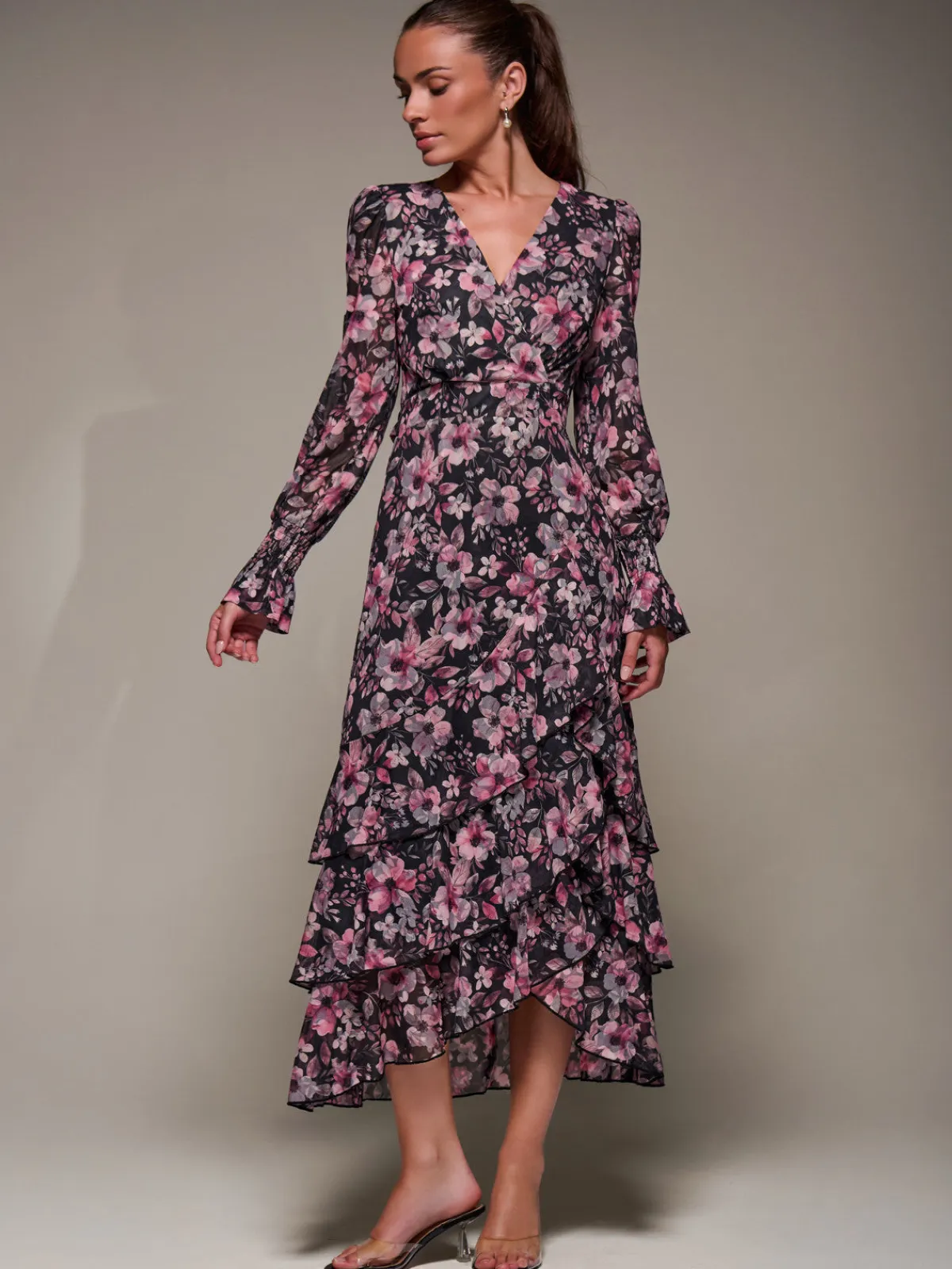 Jolie Moi Occasion Dresses|Floral Dresses-Long Sleeve Ruffle Hem Mesh Maxi Dress, Black Pink Floral