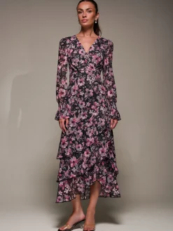 Jolie Moi Occasion Dresses|Floral Dresses-Long Sleeve Ruffle Hem Mesh Maxi Dress, Black Pink Floral
