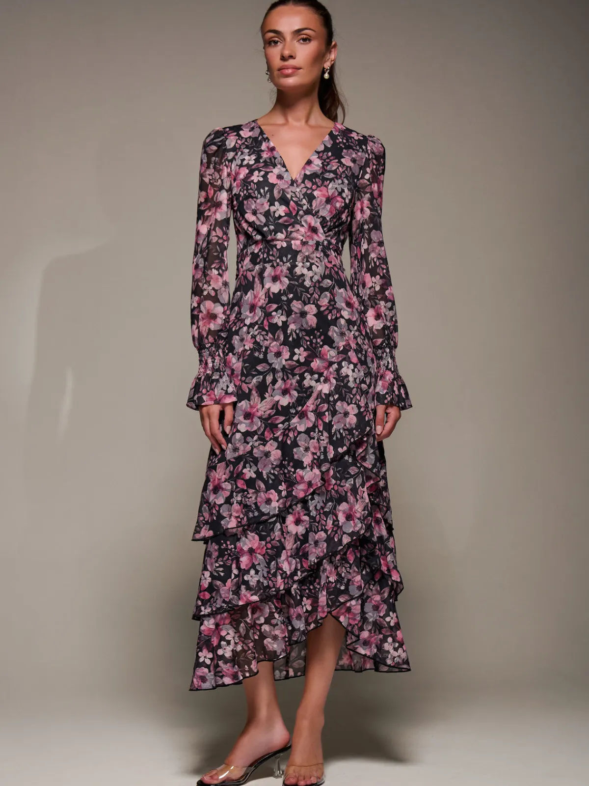 Jolie Moi Occasion Dresses|Floral Dresses-Long Sleeve Ruffle Hem Mesh Maxi Dress, Black Pink Floral