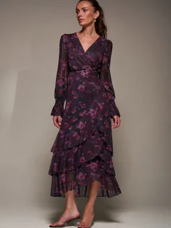 Jolie Moi Occasion Dresses|Floral Dresses-Long Sleeve Ruffle Hem Mesh Maxi Dress, Navy Floral