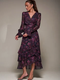 Jolie Moi Occasion Dresses|Floral Dresses-Long Sleeve Ruffle Hem Mesh Maxi Dress, Navy Floral