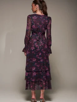 Jolie Moi Occasion Dresses|Floral Dresses-Long Sleeve Ruffle Hem Mesh Maxi Dress, Navy Floral