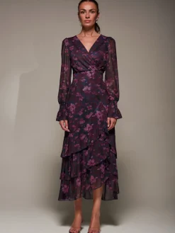 Jolie Moi Occasion Dresses|Floral Dresses-Long Sleeve Ruffle Hem Mesh Maxi Dress, Navy Floral