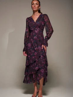 Jolie Moi Occasion Dresses|Floral Dresses-Long Sleeve Ruffle Hem Mesh Maxi Dress, Navy Floral
