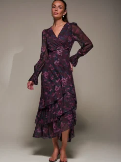 Jolie Moi Occasion Dresses|Floral Dresses-Long Sleeve Ruffle Hem Mesh Maxi Dress, Navy Floral