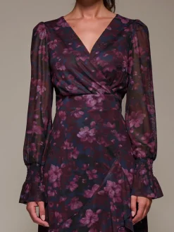 Jolie Moi Occasion Dresses|Floral Dresses-Long Sleeve Ruffle Hem Mesh Maxi Dress, Navy Floral