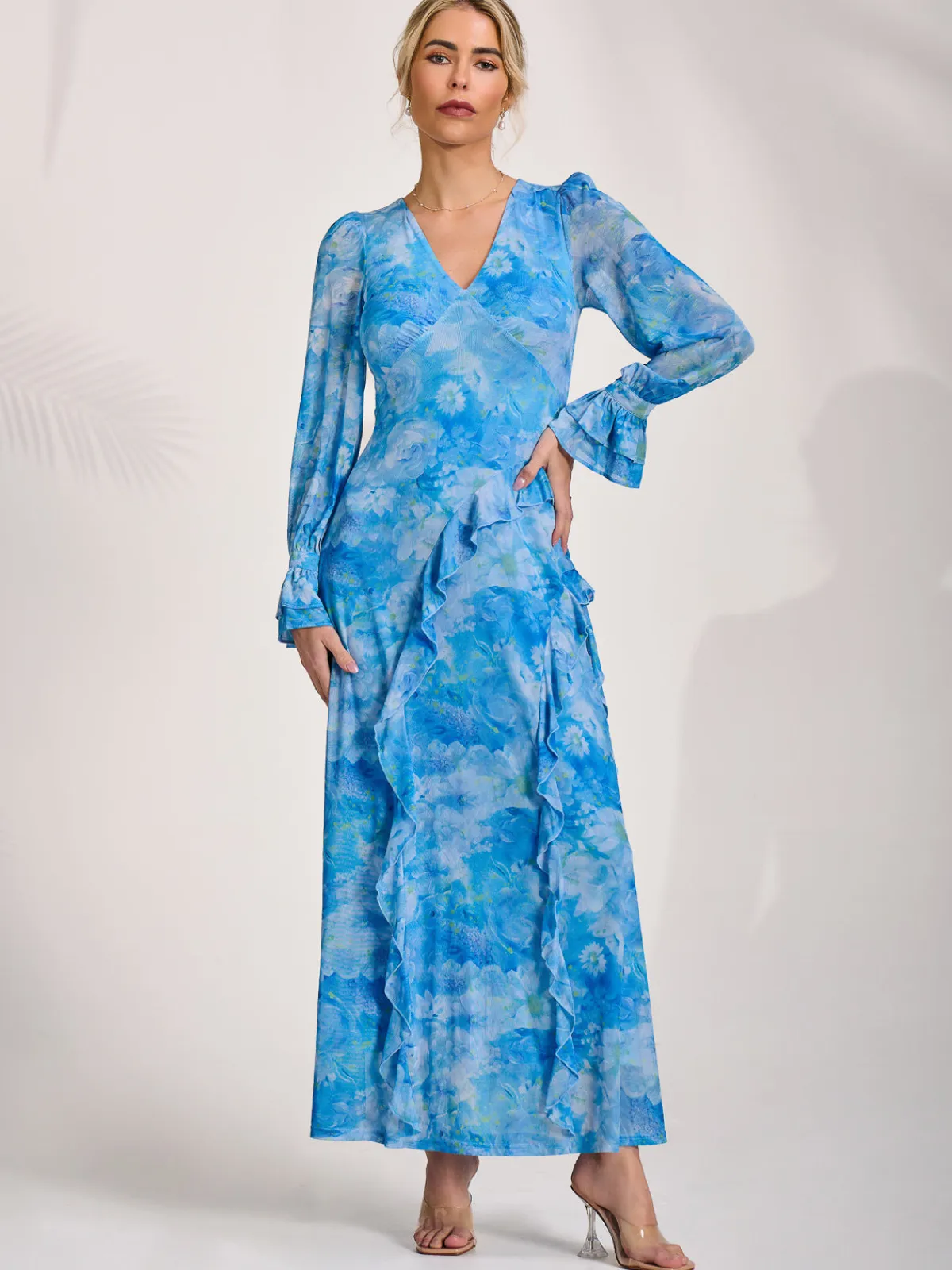 Jolie Moi Occasion Dresses|Mesh Dresses-Long Sleeve Ruffle Mesh Maxi Dress, Blue Abstract