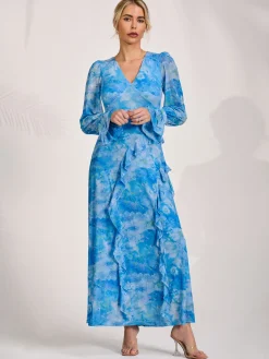 Jolie Moi Occasion Dresses|Mesh Dresses-Long Sleeve Ruffle Mesh Maxi Dress, Blue Abstract