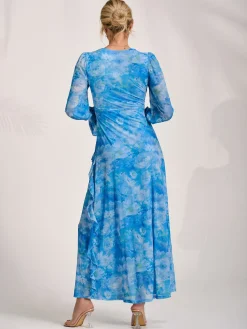 Jolie Moi Occasion Dresses|Mesh Dresses-Long Sleeve Ruffle Mesh Maxi Dress, Blue Abstract