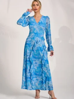 Jolie Moi Occasion Dresses|Mesh Dresses-Long Sleeve Ruffle Mesh Maxi Dress, Blue Abstract