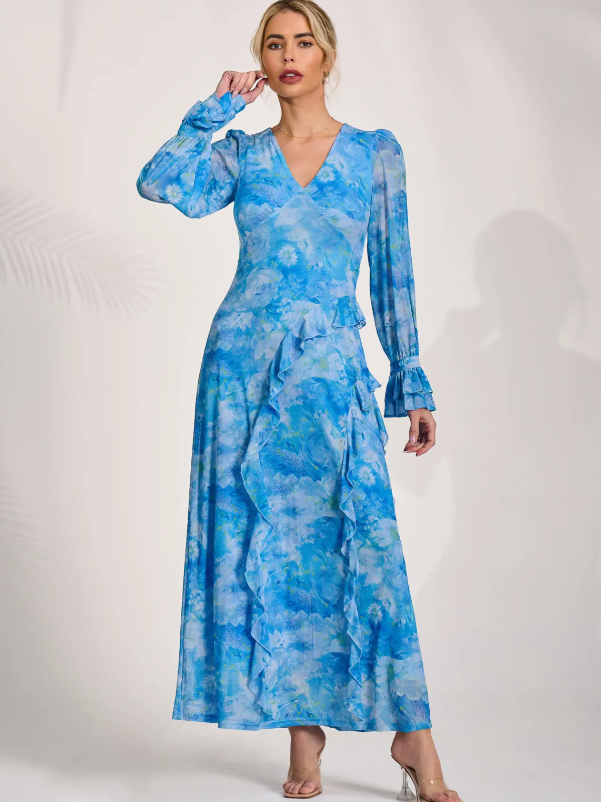 Jolie Moi Occasion Dresses|Mesh Dresses-Long Sleeve Ruffle Mesh Maxi Dress, Blue Abstract
